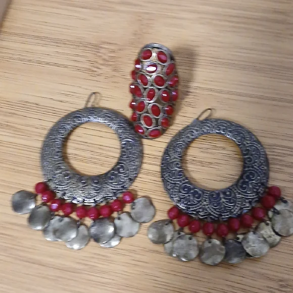 Red and Silver Tassel Crescent Earrings - Picture 6 of 7